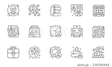 Recruitment icons set in outline stroke design for web. Pack line pictograms with candidate approve, hiring, searching resume, checklist, video interview, global company, other. Vector illustration. Recruitment icons set in outline stroke design for web. Pack line pictograms with candidate approve, hiring, searching resume, checklist, video interview, global company, other. Vector illustration. 139766448