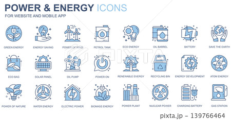 Power and energy web icons set in duotone line design. Pack of green, petrol tank, eco, oil barrel, battery, solar panel, recycling bin, renewable, other outline stroke pictograms. Vector illustration Power and energy web icons set in duotone line design. Pack of green, petrol tank, eco, oil barrel, battery, solar panel, recycling bin, renewable, other outline stroke pictograms. Vector illustration 139766464