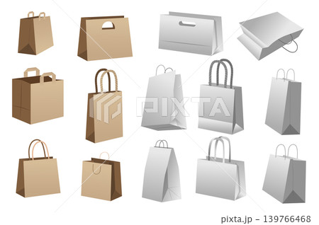 Shopping bag mega set realistic elements in flat graphic design. Bundle objects of blank brown and white paper packages, disposable and recycling packet mockups with handles. Vector illustration. Shopping bag mega set realistic elements in flat graphic design. Bundle objects of blank brown and white paper packages, disposable and recycling packet mockups with handles. Vector illustration. 139766468