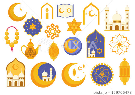 Ramadan Kareem set in flat graphic design. Collection elements of crescent moon, star, candle, koran book, mosque, flowers, teapot, windows, lanterns, other islam holiday signs. Vector illustration. Ramadan Kareem set in flat graphic design. Collection elements of crescent moon, star, candle, koran book, mosque, flowers, teapot, windows, lanterns, other islam holiday signs. Vector illustration. 139766478