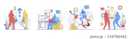 Business startup concept set in flat design for web. Collection with people brainstorming and planning process, launching new project rocket, entrepreneur collaboration work. Vector illustrations. 139766482