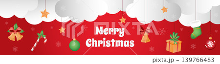 Merry Christmas banner design. Xmas party invitation template with clouds frame, hanging bells with bow, striped candy with holly, balls, gift box, stocking, stars and snowflakes. Vector illustration. Merry Christmas banner design. Xmas party invitation template with clouds frame, hanging bells with bow, striped candy with holly, balls, gift box, stocking, stars and snowflakes. Vector illustration. 139766483