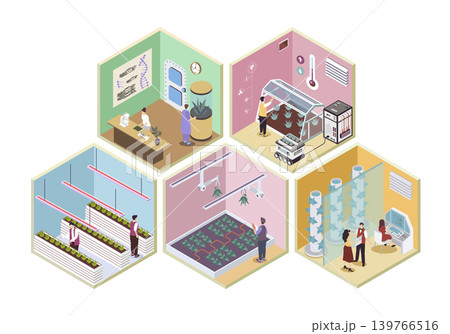 Modern agricultural 3d isometric rooms concept in isometry graphic design for web. People working in smart greenhouse and vertical growth farm, researching plants in laboratory. Vector illustration. 139766516