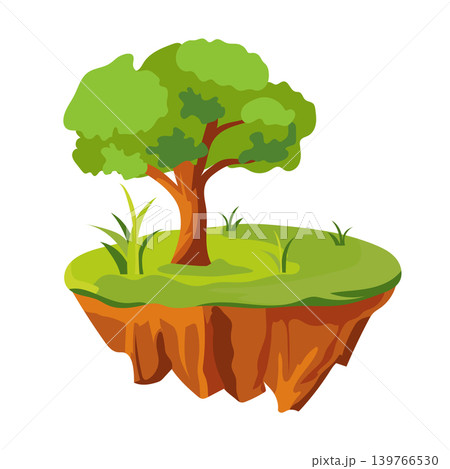 Flying ground island in flat design. Level platform with forest tree. Vector illustration isolated. Flying ground island in flat design. Level platform with forest tree. Vector illustration isolated. 139766530