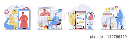 Customer service concept set in flat design for web. Collection with people answering clients video calling, chatting online and consulting at helpline, solving tech problems. Vector illustrations. Customer service concept set in flat design for web. Collection with people answering clients video calling, chatting online and consulting at helpline, solving tech problems. Vector illustrations. 139766539