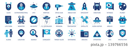 UFO and aliens icon set in flat duotone solid icons web design. Pack pictograms with extraterrestrial, martian, abduction, space gun, spaceship, witness, flying saucer, other. Vector illustration. UFO and aliens icon set in flat duotone solid icons web design. Pack pictograms with extraterrestrial, martian, abduction, space gun, spaceship, witness, flying saucer, other. Vector illustration. 139766556
