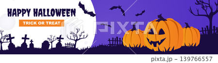 Happy Halloween banner design. Party invitation template with spooky pumpkins with evil smile, huge mystery moon at night, flying creepy bats, black trees and cemetery silhouette. Vector illustration. 139766557