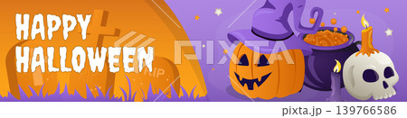 Happy Halloween banner design. Party invitation template with creepy cemetery tombstones, spooky pumpkin in witch hat, scary skull with candle, poisonous potion in cauldron. Vector illustration. Happy Halloween banner design. Party invitation template with creepy cemetery tombstones, spooky pumpkin in witch hat, scary skull with candle, poisonous potion in cauldron. Vector illustration. 139766586