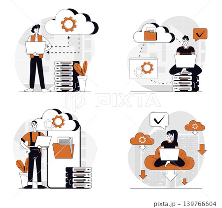 Cloud computing concept set in flat design for web. Collection with people using cloud technology, making sync and data backup, working with database and online files storage. Vector illustrations. Cloud computing concept set in flat design for web. Collection with people using cloud technology, making sync and data backup, working with database and online files storage. Vector illustrations. 139766604