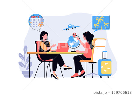 Travel agency web concept with cartoon people design. Operator helping tourist with choosing travel destination, booking hotel and tickets. Flat vector illustration isolated on white background. 139766618