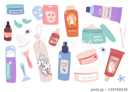 Skincare cosmetic products set in flat graphic design. Collection isolated elements of eye patches, facial mask, hair shampoo, cream tube, body scrub, essential oil, tonic, other. Vector illustration. Skincare cosmetic products set in flat graphic design. Collection isolated elements of eye patches, facial mask, hair shampoo, cream tube, body scrub, essential oil, tonic, other. Vector illustration. 139766636