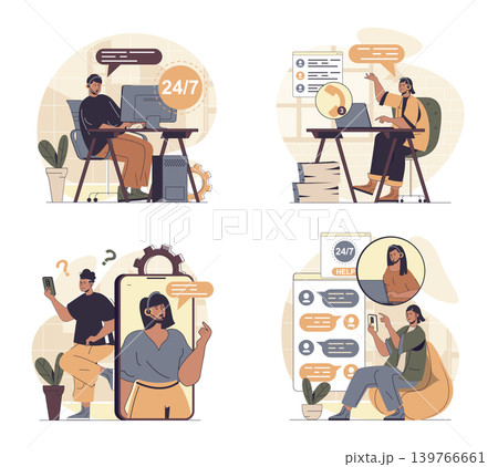 Customer service concept scenes set in flat web design. People in situations of consulting online and solving problems, answering clients calls and messages, chatting online. Vector illustrations. Customer service concept scenes set in flat web design. People in situations of consulting online and solving problems, answering clients calls and messages, chatting online. Vector illustrations. 139766661
