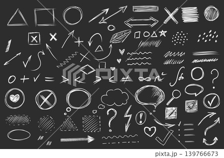 Hand drawn mega set elements in flat graphic design. Collection objects of doodle shapes, arrows, cross, round, dots, math symbols, speech bubble, question mark, heart, other. Vector illustration. Hand drawn mega set elements in flat graphic design. Collection objects of doodle shapes, arrows, cross, round, dots, math symbols, speech bubble, question mark, heart, other. Vector illustration. 139766673