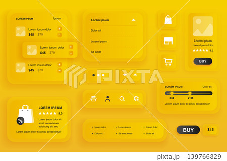GUI elements for shopping mobile app. Shopping platform, product rating, review and pricing user interface generator. Unique ui ux design kit vector illustration. Navigation and search form components GUI elements for shopping mobile app. Shopping platform, product rating, review and pricing user interface generator. Unique ui ux design kit vector illustration. Navigation and search form components 139766829