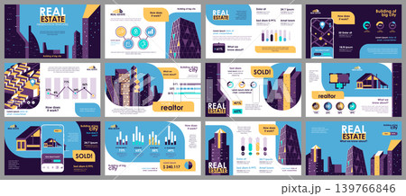 Real estate presentation slides templates from infographic elements and vector illustration. Can be used for presentation real estate agency, brochure, marketing, annual report, banner, booklet. 139766846