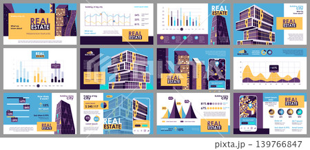 Real estate presentation slides templates from infographic elements and vector illustration. Can be used for presentation real estate agency, brochure, marketing, annual report, banner, booklet. 139766847