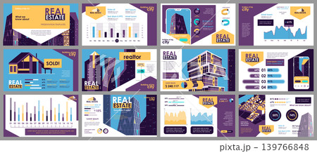 Real estate presentation slides templates from infographic elements and vector illustration. Can be used for presentation real estate agency, brochure, marketing, annual report, banner, booklet. 139766848