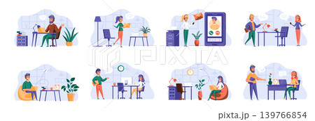 Support service scenes bundle with people characters. Customer support operator with hands-free headset working situations. Online consultation and assistance in call center flat vector illustration. Support service scenes bundle with people characters. Customer support operator with hands-free headset working situations. Online consultation and assistance in call center flat vector illustration. 139766854