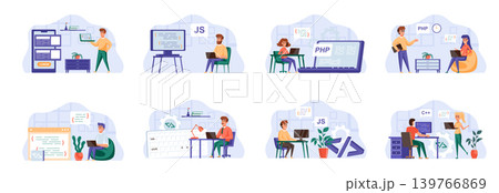 Programming scenes bundle with people characters. Frontend and backend developers team working in office, web design and software engineering situations. Programs development flat vector illustration 139766869