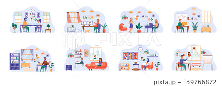 Video conference bundle of scenes with flat people characters. Online talking, teleconference, video call conceptual situations. People communication online by computer cartoon vector illustration 139766872