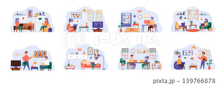 Online education bundle of scenes with people characters. Educational web seminar, internet classes conceptual situations. Student learning online at home with computer cartoon vector illustration. Online education bundle of scenes with people characters. Educational web seminar, internet classes conceptual situations. Student learning online at home with computer cartoon vector illustration. 139766878
