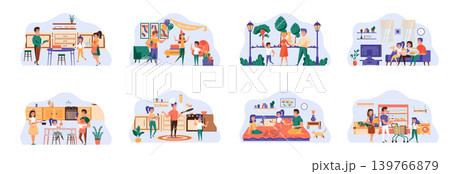Family bundle of scenes with flat people characters. Happy family spend time together conceptual situations. Cooking, watching TV, walking in park, shopping, birthday celebration vector illustration 139766879
