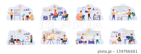 Content management bundle of scenes with flat people characters. Web managers work in office conceptual situations. CMS software, digital marketing and website promotion cartoon vector illustration 139766881