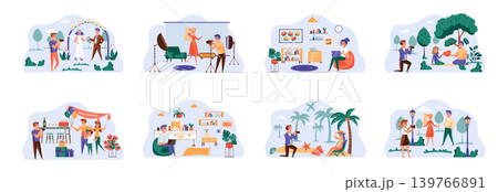 Designers and photographers bundle of scenes with people characters. Professional photography of festive events conceptual situations. Digital designer work with laptop cartoon vector illustration. Designers and photographers bundle of scenes with people characters. Professional photography of festive events conceptual situations. Digital designer work with laptop cartoon vector illustration. 139766891