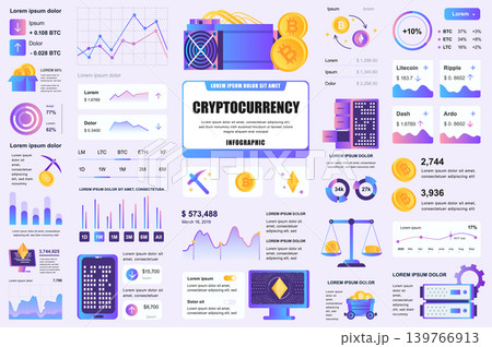 Bundle cryptocurrency mining infographic UI, UX, KIT elements. Different charts, diagrams, workflow, flowchart, timeline, schemes, graphs design template. Vector info graphic and infographics set. 139766913