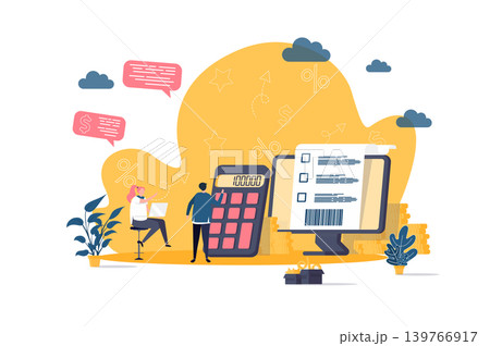 Accountant concept in flat style. Financial balance calculation scene. Business accounting and audit, annual statement and taxes banner. Vector illustration with people characters in work situation. 139766917