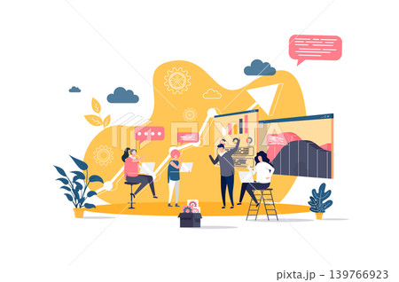 Business meeting concept in flat style. Business team discussing project with charts scene. Partnership and teamwork collaboration banner. Vector illustration with people characters in work situation. 139766923