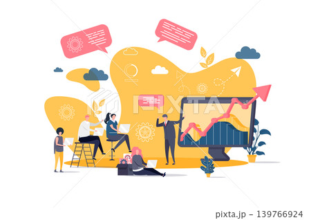 Business training concept in flat style. Businessman making presentation with charts to his colleagues scene. Career development banner. Vector illustration with people characters in work situation. Business training concept in flat style. Businessman making presentation with charts to his colleagues scene. Career development banner. Vector illustration with people characters in work situation. 139766924
