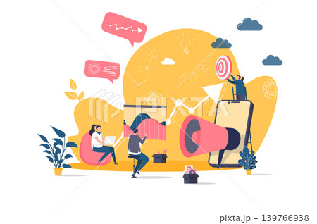 Digital marketing concept in flat style. Marketers team doing market research scene. Business analytics and customer targeting web banner. Vector illustration with people characters in work situation. 139766938