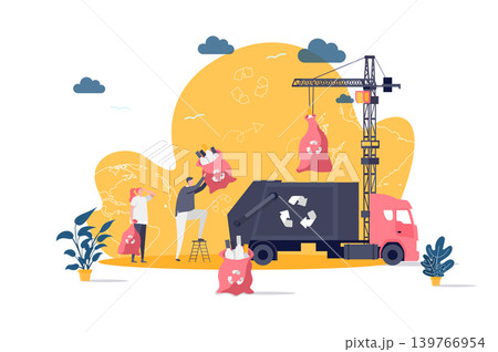 Waste management concept in flat style. People loading sorted waste in truck scene. Control and management of garbage utilization web banner. Vector illustration with people characters in situation. Waste management concept in flat style. People loading sorted waste in truck scene. Control and management of garbage utilization web banner. Vector illustration with people characters in situation. 139766954