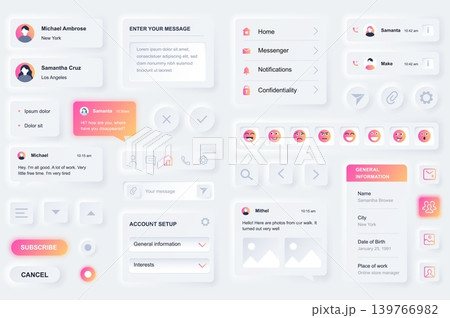 User interface elements for social network mobile app. Unique neumorphic design UI, UX, GUI, KIT elements template. Neumorphism style. Different form, components, button, menu, media vector icons. User interface elements for social network mobile app. Unique neumorphic design UI, UX, GUI, KIT elements template. Neumorphism style. Different form, components, button, menu, media vector icons. 139766982