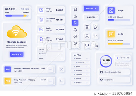 User interface elements for cloud technology mobile app. Unique neumorphic design UI, UX, GUI, KIT elements template. Neumorphism style. Different form, components, button, menu, vector icons. User interface elements for cloud technology mobile app. Unique neumorphic design UI, UX, GUI, KIT elements template. Neumorphism style. Different form, components, button, menu, vector icons. 139766984