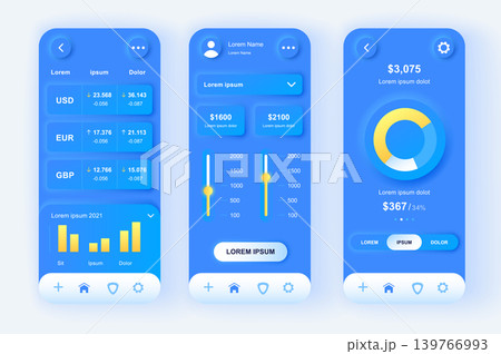 Finance services unique neomorphic design kit. Bank accounts monitoring, budgeting, financial planning and limits settings. UI UX templates set. Vector illustration of GUI for responsive mobile app. Finance services unique neomorphic design kit. Bank accounts monitoring, budgeting, financial planning and limits settings. UI UX templates set. Vector illustration of GUI for responsive mobile app. 139766993