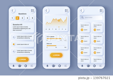 Online learning platform unique neomorphic design kit. Distance education service for students and teachers, study progress. UI UX templates set. Vector illustration of GUI for responsive mobile app. Online learning platform unique neomorphic design kit. Distance education service for students and teachers, study progress. UI UX templates set. Vector illustration of GUI for responsive mobile app. 139767021