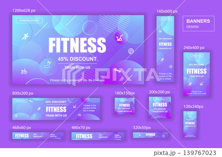 Collection web banners different sizes for mobile and social networks, poster, shopping ads, marketing material. Bundle banners for product promotion, fitness club, GYM, energetic fit training. 139767023