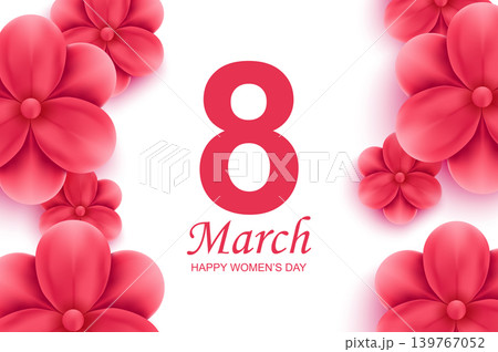 Happy women's day greeting card. Beautiful red flowers with shadow on white background. Vector illustration of congratulation on 8th of March. Delicate floral banner design with realistic 3d flowers. Happy women's day greeting card. Beautiful red flowers with shadow on white background. Vector illustration of congratulation on 8th of March. Delicate floral banner design with realistic 3d flowers. 139767052