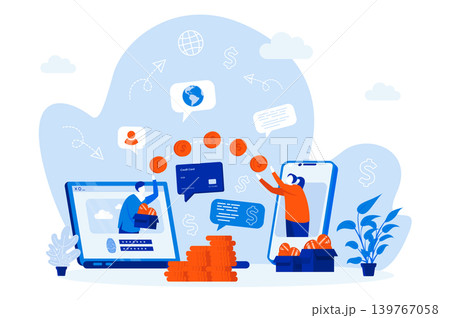 Money transfer web concept with people characters. Online money transaction scene design. Worldwide payment system composition in flat style. Vector illustration for social media promotional materials 139767058