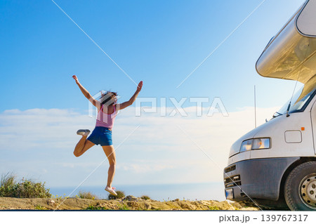 Woman enjoy trip with motorhome 139767317