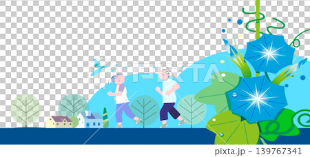 朝顔とジョギングをするシニア夫婦の夏のベクターイラスト背景 139767341