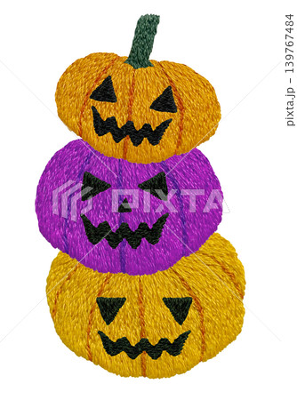 【ハロウィンのおばけカボチャのタワー】手刺繍イラスト素材 139767484