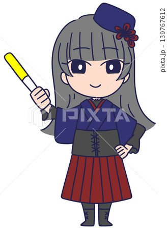 ペンライトを持った和洋折衷ファッションの女性のイラストべた塗り ペンライトを持った和洋折衷ファッションの女性のイラストべた塗り 139767612