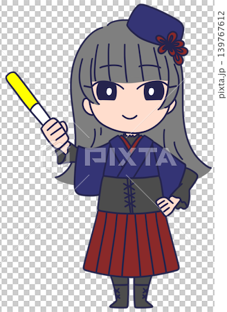 ペンライトを持った和洋折衷ファッションの女性のイラストべた塗り ペンライトを持った和洋折衷ファッションの女性のイラストべた塗り 139767612