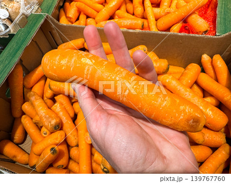 A close up photo of human hand choosing carrots in the store. 139767760