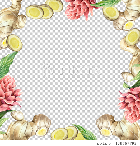 Ginger root square frame with slices, green leaves and flowers. Hand drawn watercolor illustration, isolated. Asian natural spicy ingredient for label design, cosmetics and medicine. Ginger root square frame with slices, green leaves and flowers. Hand drawn watercolor illustration, isolated. Asian natural spicy ingredient for label design, cosmetics and medicine. 139767793