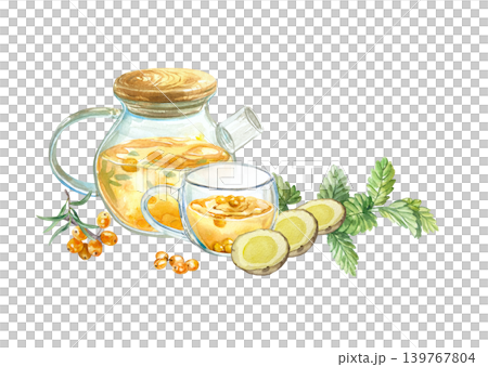 Sea buckthorn tea in a teapot and cup with mint leaves, berries and sliced ginger root. Hand drawn watercolor illustration of healthy drink, isolated. Suitable for tea labels and menu design. Sea buckthorn tea in a teapot and cup with mint leaves, berries and sliced ginger root. Hand drawn watercolor illustration of healthy drink, isolated. Suitable for tea labels and menu design. 139767804