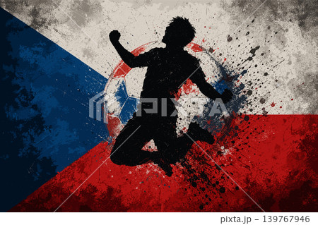 Czech Republic national football team wallpaper, banner, poster, background. Czech Republic soccer player silhouette celebrating victory against a grunge national flag. Czech Republic national football team wallpaper, banner, poster, background. Czech Republic soccer player silhouette celebrating victory against a grunge national flag. 139767946